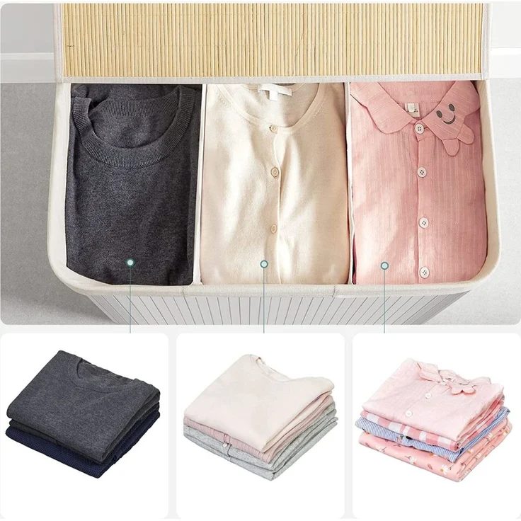 Songmics Wäschekorb mit 3 Fächern, Bambus Weiß, 150L / 60 x 40 x 61,5 cm – Bild 6