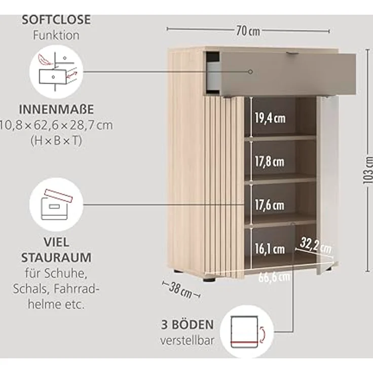 PISA Schuhschrank mit 1 Schubkasten, 2 Holztüren in Basalt matt mit Leistenoptik Riva Eiche – FSC-Zertifiziert – Modernes Schuhregal mit 3 Fachböden – 70 x 103 x 38 cm (B/H/T) – Bild 2