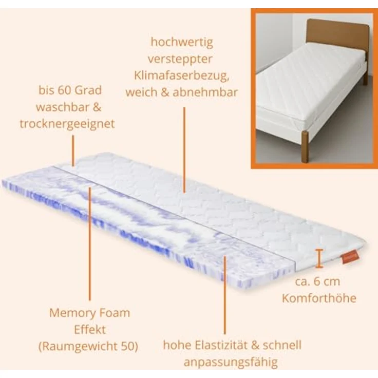 sleepling orthopädischer Gelschaum Topper 80x200 cm, mit Memory Effekt, 6 cm Komforthöhe, hypoallergen, für alle Matratzen – Bild 3