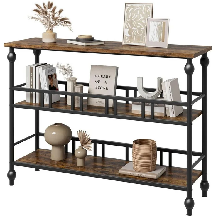 GarveeMore Konsolentisch 3-stufiger schmaler Beistelltisch mit Stauraum,109x30x80cm, Sofatisch für Wohnzimmer,Foyer,Flur,Eingang – Bild 1