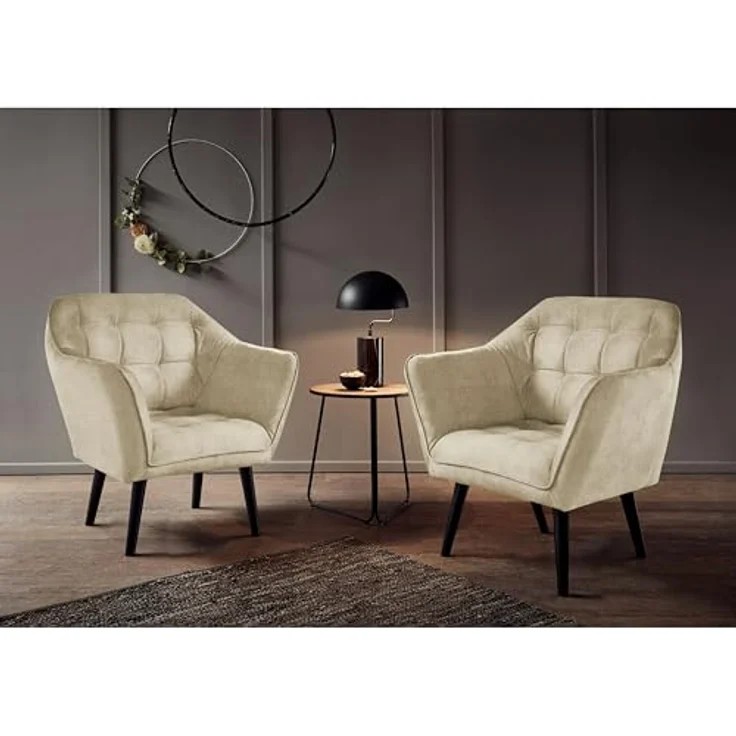 MAX Loungesessel mit Armlehnen, Cream - Bequemer Sessel gepolstert mit schwarzen Massivholz Füßen für Esszimmer & Wohnzimmer - 84 x 87 x 70 cm (B/H/T) – Bild 5