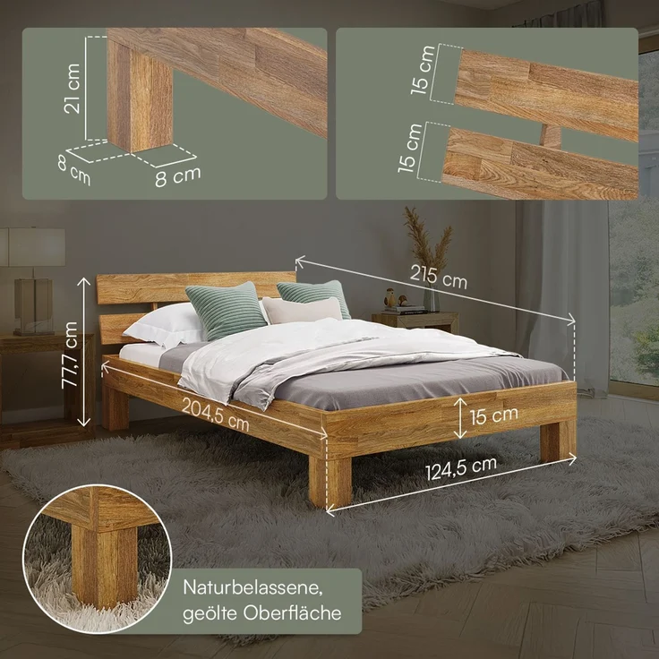 skølm 'Floki' Bett 120x200 cm, Bettgestell, natur geölt, Massivholzbett aus Eiche, Doppelbett mit Bettkopf, geeignet als Einzelbett – Bild 6