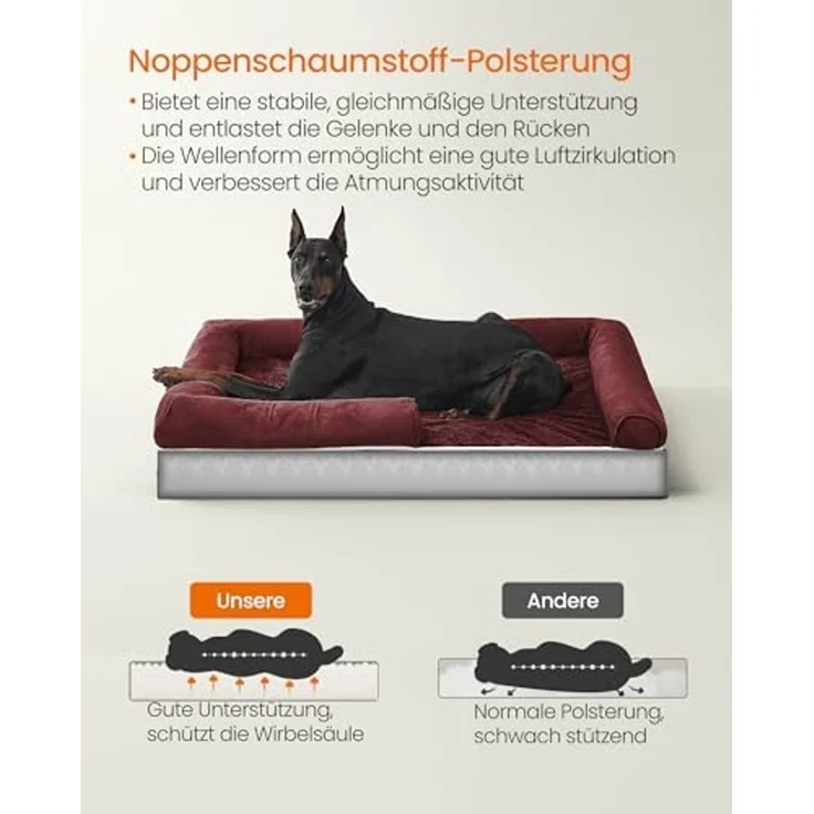 Feandrea Orthopädisches Hundebett, weiche Polsterung, erhöhte Ränder, Bezug abnehmbar und waschbar, rutschfeste Unterseite, beerenrot, 120 x 85 x 20 cm – Bild 3