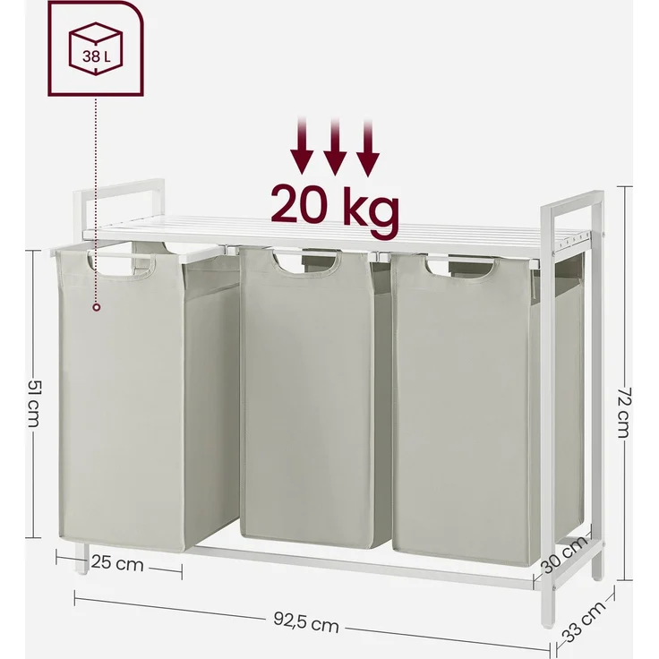 Vasagle Wäschekorb mit 3 Fächer, Metallrahmen Weiß, 3x38 L / 92,5 x 33 x 72 cm – Bild 5