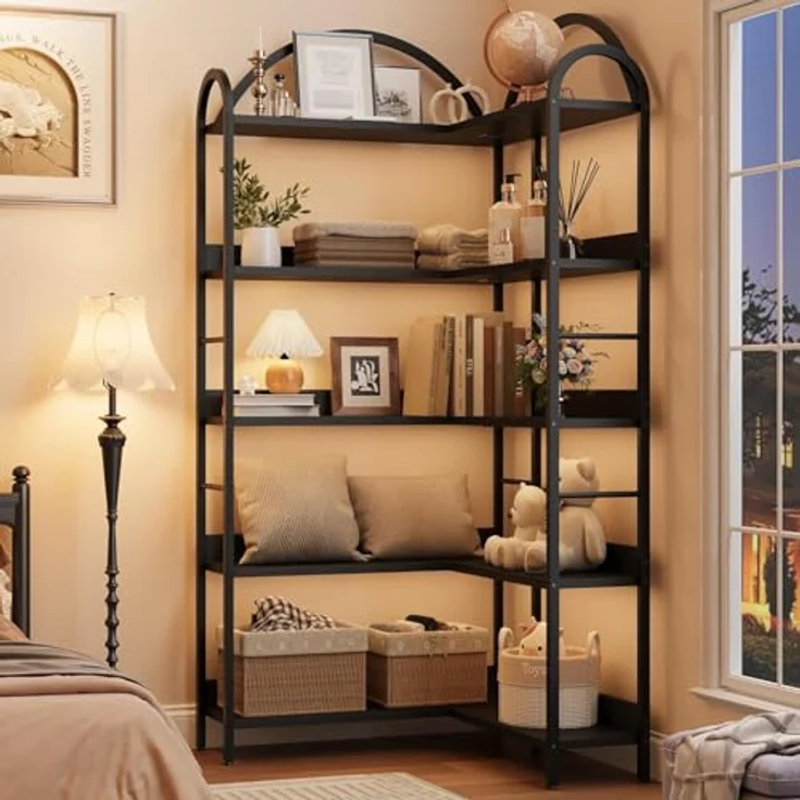 GarveeLife 5-Stufige Eckbibliothek, Bibliothek Aufbewahrun-l-Förmige Eckregal, Stehregal & Aufbewahrungsregal Für Wohnzimmer, Schlafzimmer, Büro & Arbeitszimmer 78p x 78l x 174h-Schwarz – Bild 3