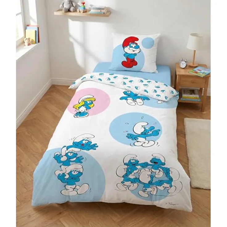 Aymax Schlümpfe Bettwäsche, wendbarer Bettbezug 140 x 200 cm + Kissenbezug 65 x 65 cm, 100 % Baumwolle, Blau