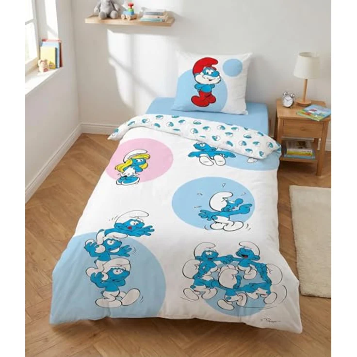 Aymax Schlümpfe Bettwäsche, wendbarer Bettbezug 140 x 200 cm + Kissenbezug 65 x 65 cm, 100 % Baumwolle, Blau – Bild 1