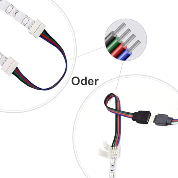 REDTRON LED Strip Verbinder Set, 10mm 4-polig RGB 5050, inklusive L- und T-förmige Eckverbinder, Verlängerung und Befestigungsclips – Bild 4
