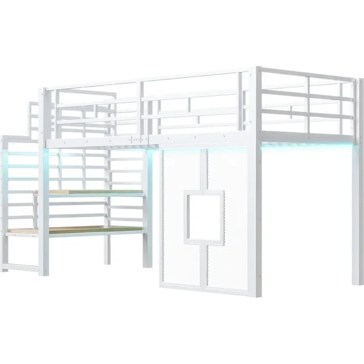 Hochbett mit LED-Streifen, Lattenrost, Rausfallschutz und Fenstern, Treppe mit Regal, 90x200 cm, Einzelbett, Kinderbett, Metall – Bild 8