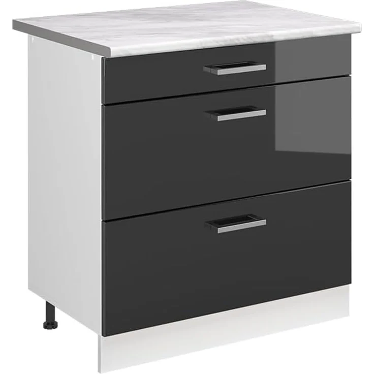 Küchenunterschrank R-Line Anthrazit Hochglanz/Weiß 80 cm mit 3 Schubladen Arbeitsplatte Marmor Vicco – Bild 1