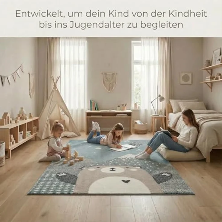 Teppich Kinderzimmer - Teppiche für Kinderzimmer, Kinderteppich Junge, Kinderteppich mit Bergen, Bär, Panda, Sterne, (Türkis-Beige, Größe: 160x230 cm) – Bild 9