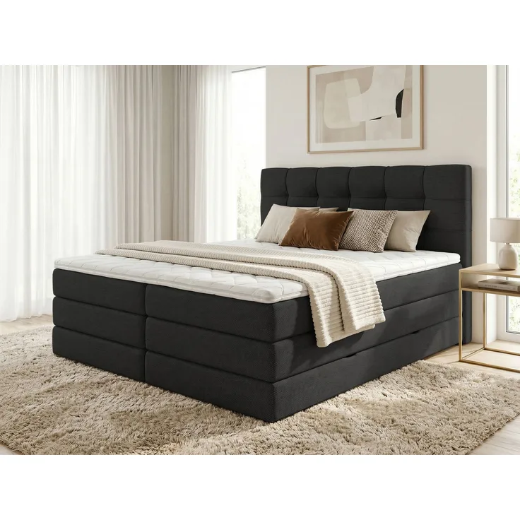 Boxspringbett Best XL mit 2 Bettkästen und Topper, mit Taschenfederkern- und Bonellfederkernmatratze, Doppelbett, Polsterbett aus Webstoff mit Stauraum (Schwarz (Inari 100), 160 x 200 cm)