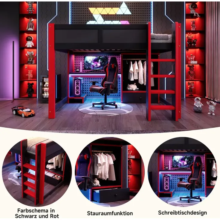 Hochbett mit Schreibtisch, LED-Streifen, Kleiderschrank, PC-Ständer, Leiter, Schubladen, Rausfallschutz, 140x200cm, Kinderbett – Bild 4