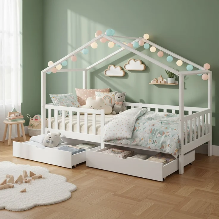 Bellabino 'Bia' Hausbett 90x200 cm mit 2 Schubladen, weiß, Kiefer Massivholz, Montessori Kinderbett mit Stauraum, inkl. Rausfallschutz und Lattenrost – Bild 1