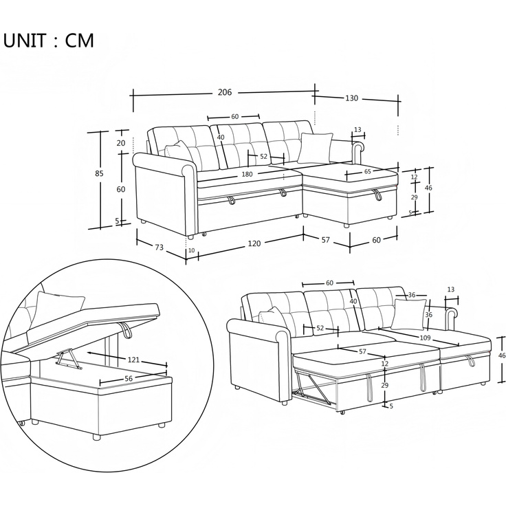 Ecksofa Schlafsofa, mit Bettkasten Schlaffunktion Stauraum beidseitig montierbar L-Form für Wohnzimmer oder Gästezimmer, Samt, Beige, — – Bild 2