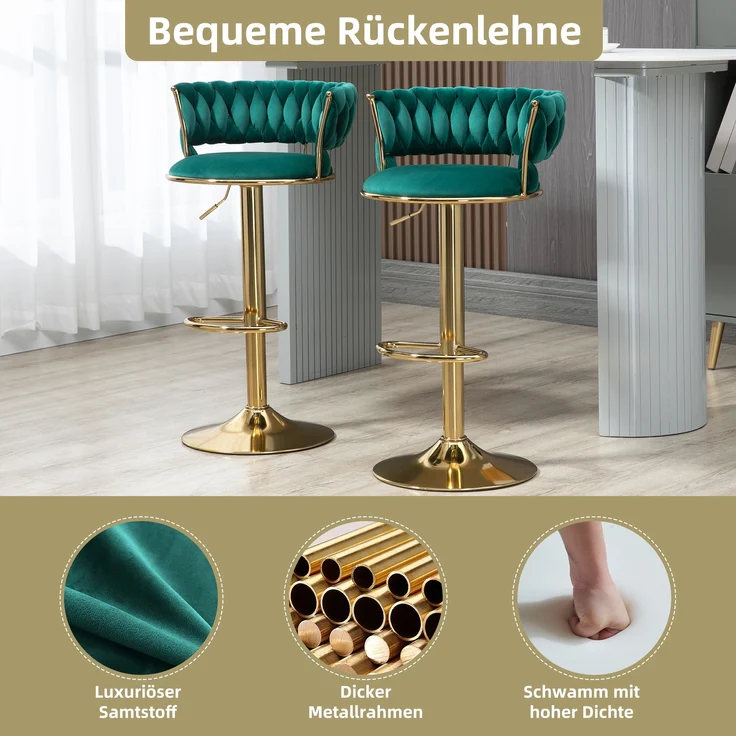 LVHOM Barhocker 2er Set, goldene Stuhlbeine, moderne Samt-Hochstuhl/Barstühle, mit runden Rückenlehne & Fußstütze, 360° drehbar, Höhenverstellbar – Bild 5