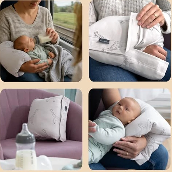 LaLoona Reisestillkissen, 2in1 Stillmuff und Komfortkissen für Unterwegs, Giraffen - Taupe, kompakt und waschbar – Bild 7
