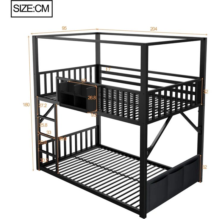 Metall-Etagenbett 90 x 200 cm für Kinder und Jugendliche, platzsparendes Einzelbettgestell mit Dachkonstruktion, Modernes Kinderetagenbett Schwarz – Bild 3
