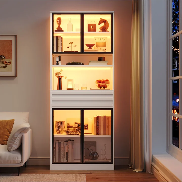 Vitrine 80 x 35 x 200 cm in Weiß mit 4 Glastüren und App-gesteuerter LED-Beleuchtung – Bild 2