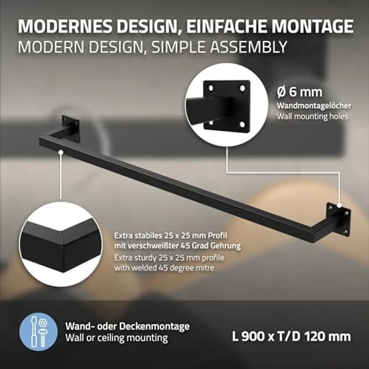 ML-Design Kleiderstange Rechteck 3er Set, Wandmontage, Schwarz, Stahl, U-Form, 90cm Breite, inkl. Montagematerial, belastbar bis 50kg – Bild 3