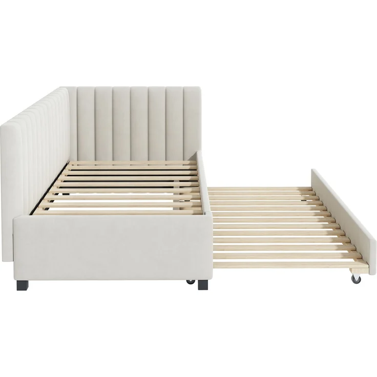 Polsterbett 90*200, Ausziehbares Schlafsofa, Multifunktionsbett mit Lattenrost, Jugendbetten Kinderbetten Gästebetten, Samtstoff Beige – Bild 8