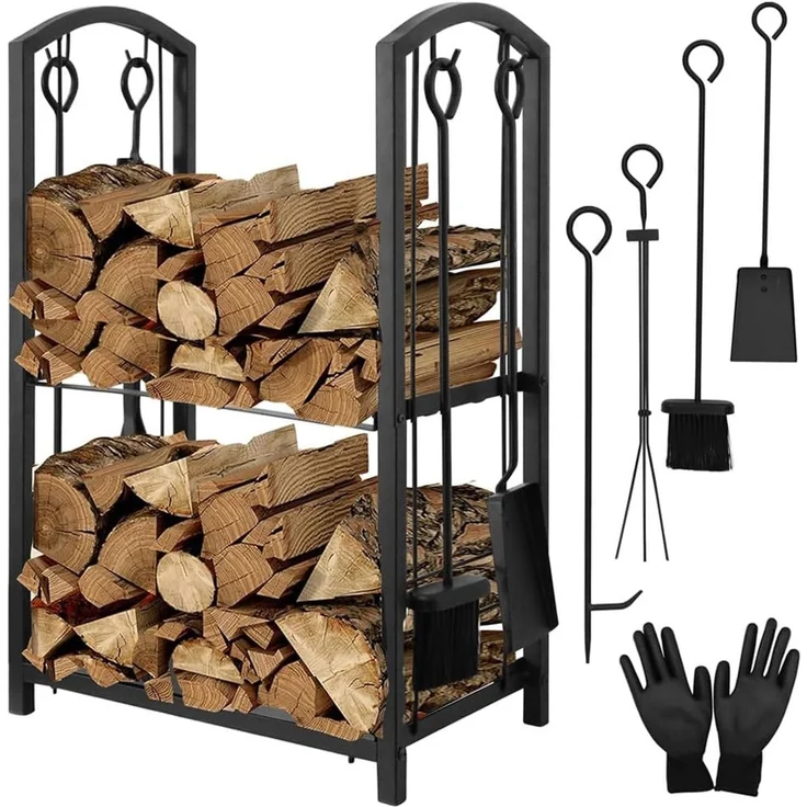 Melko Kaminholzregal Brennholzregal Metall inkl. Kaminbesteck Kaminholzständer Regal, BxTxH:40 x 30 x 74 cm, (6-tlg, 6-St, Set), inkl. 4tlg. Kaminwerkzeug und Kaminhandschuhe – Bild 1