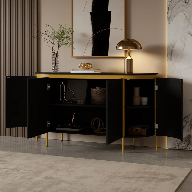 ZUBALIYA Sideboard 140x38x80 cm, mit 4 Türen, aus MDF, Schwarz – Bild 8