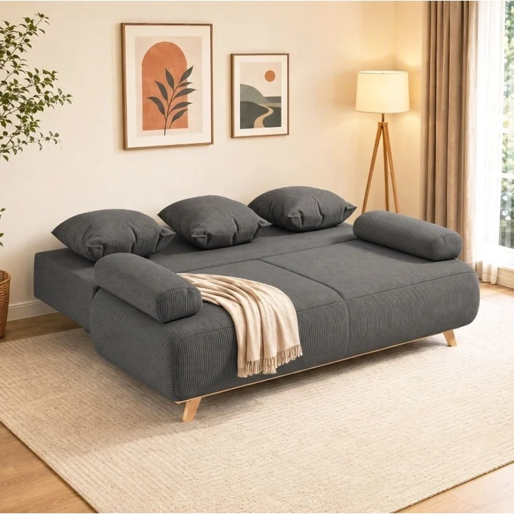 Schlafsofa mit Bettfunktion & Stauraum, Cordbezug, 188x100x84 cm, Grau – Bild 2