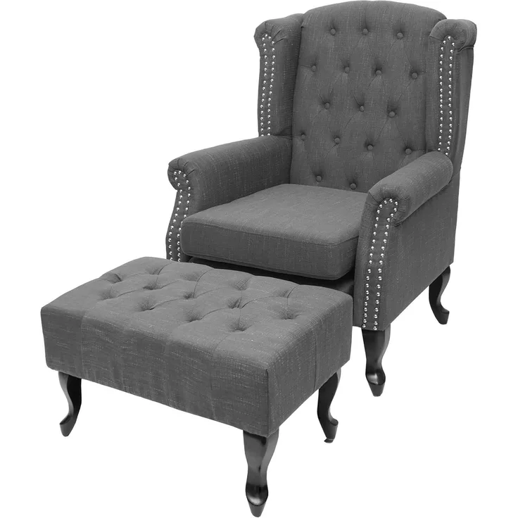 Sessel Chesterfield, Relaxsessel Clubsessel Ohrensessel, wasserabweisend Stoff/Textil ~ dunkelgrau mit Ottomane