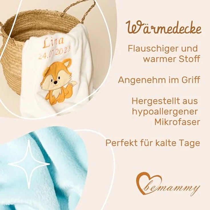Be Mammy Personalisierte Babydecke mit 3D Applikation Warme Kuscheldecke mit Namen und Geburtsdatum; Perfektes Baby Geschenk; Blanket; Krabbeldecke BE20-280 (Puderblau - Junge) – Bild 4