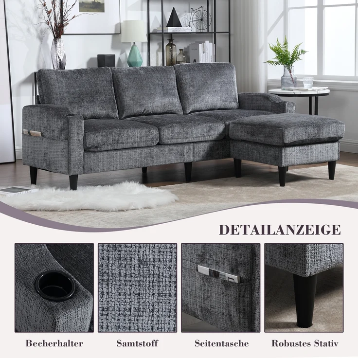 LVHOM Loungesofa mit Hocker & Stauraum, 4-Sitzer, Armlehnen, Getränkehalter, Seitentaschen, weiche Chenille-Stoff, modulare Sofa, Grau – Bild 4