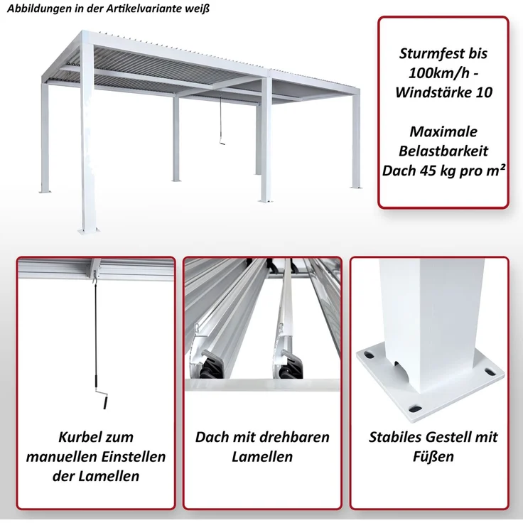 Mendler 'HWC-L46' Pergola, Regenrinne sturmfest, Aluminium weiß, 3x6 m – Bild 2