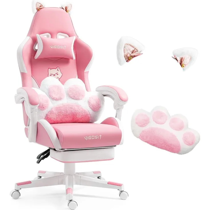 Cute Gaming Stuhl Katzenohren Lendenkissen Ergonomisch Pink