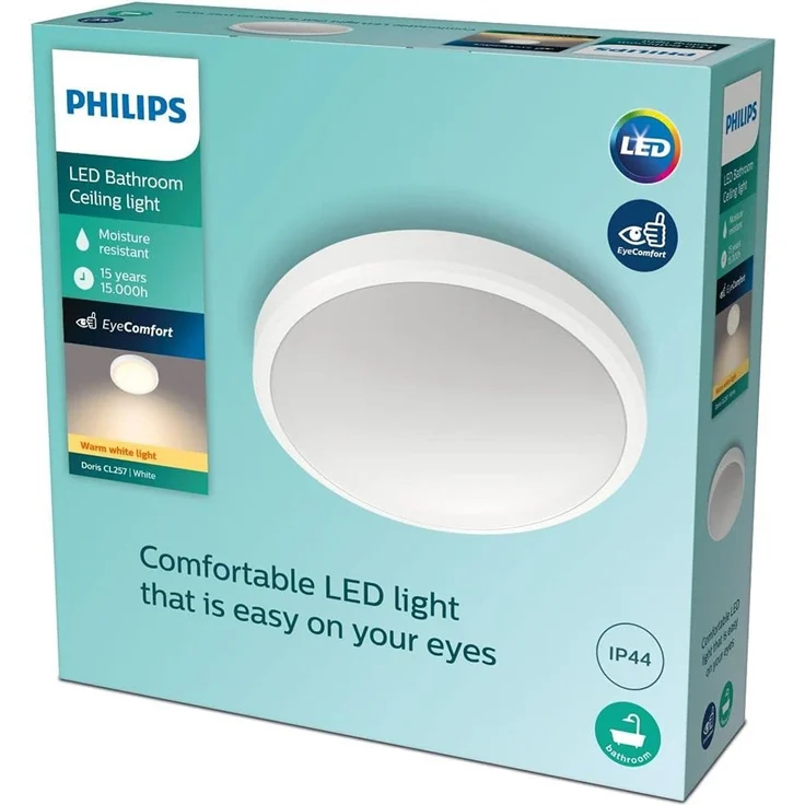 Philips LED Doris Deckenleuchte für das Badezimmer, 17W, IP44 Schutzklasse, warmweißes Licht (2. 700K), Weiß – Bild 2