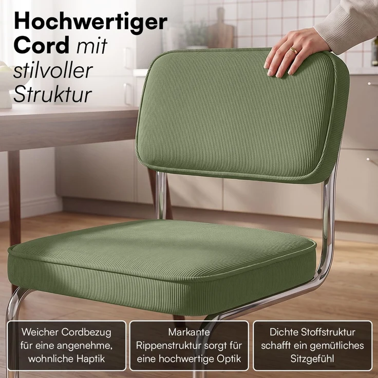skølm 'Thund' Esszimmerstühle 4er Set, dunkelgrün, Polsterstuhl aus Cord mit verchromten Metallgestell, Schwingstuhl bis 120 kg belastbar – Bild 7