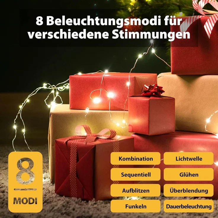 Salcar Lichterkette LED Kupfer Lichterkette Weihnachtsbeleuchtung für Innen & Außen Deko, 20m Silberfarbener-Kupferdraht, Netzteil, Warmweiß – Bild 2