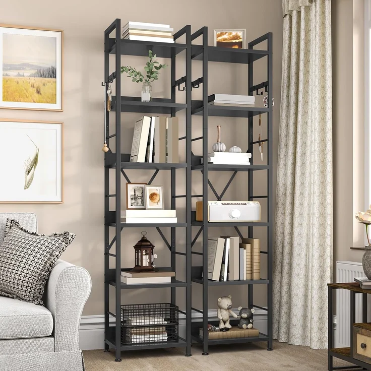 YITAHOME Bücherregal mit 6 Ebenen, Industrielles Standregal, Metallrahmen und Holzregale, Hohes Lagerregal mit 4 Haken, Präsentationsorganizer, für Wohnzimmer, Heimbüro, Schwarz Regal – Bild 6