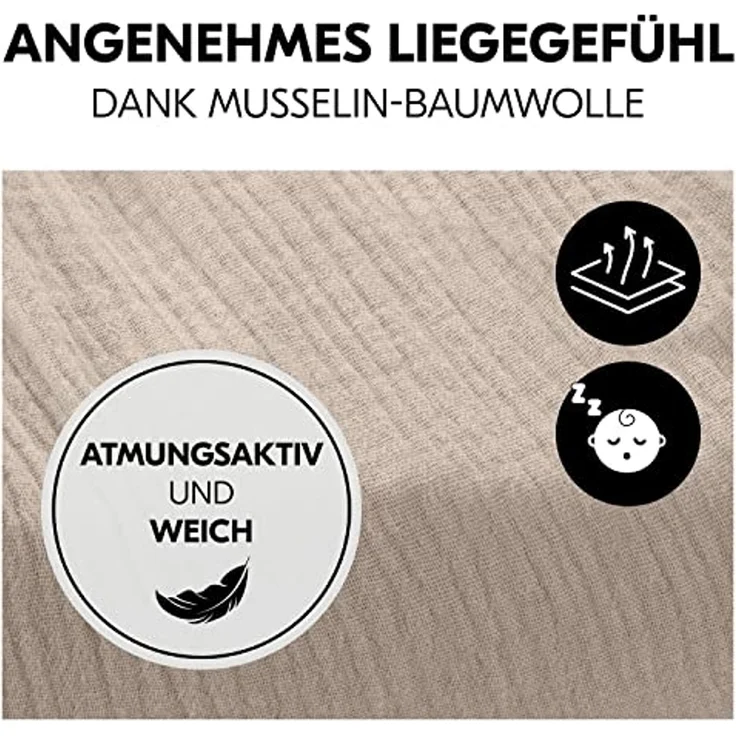 Hauck Baby Spannbettlaken 60x120 cm für Reisebettmatratzen, Baby Matratzenbezug Baumwolle Musselin, 60° C Maschinenwäsche, Babybettlaken mit Gummizug (Beige) – Bild 4