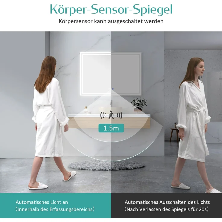 EMKE Badspiegel mit Beleuchtung, Bewegungssensor, 70x50cm, LED Kaltweißes/Neutral/Warmweißes Licht, Dimmbar, Beschlagfrei, Touch, IP44 Wandspiegel – Bild 3