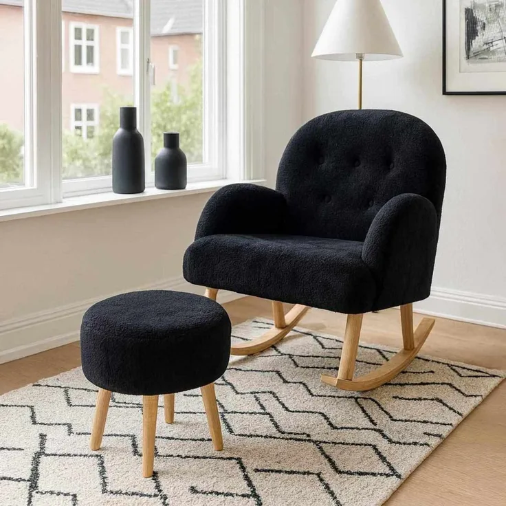 Hanah Home 'Dügmeli - Black' Ohrensessel- und Hocker-Set (2-teilig), Schwarz, 80 x 85 x 65 cm