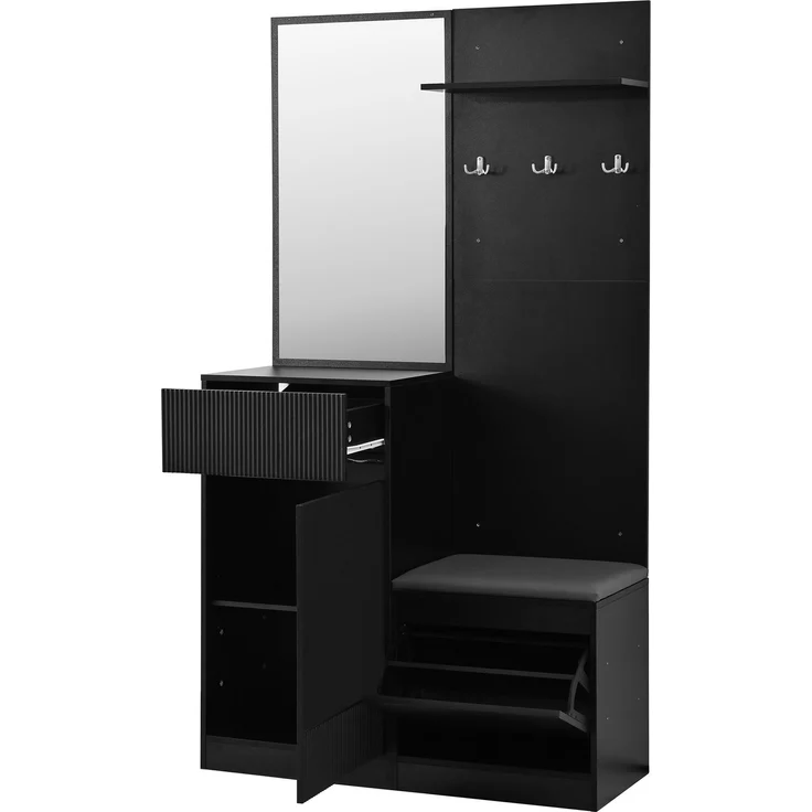 Kompaktgarderobe 105 x 38 x 190 cm in Schwarz mit Spiegel, Sitzbank und LED-Beleuchtung – Bild 8