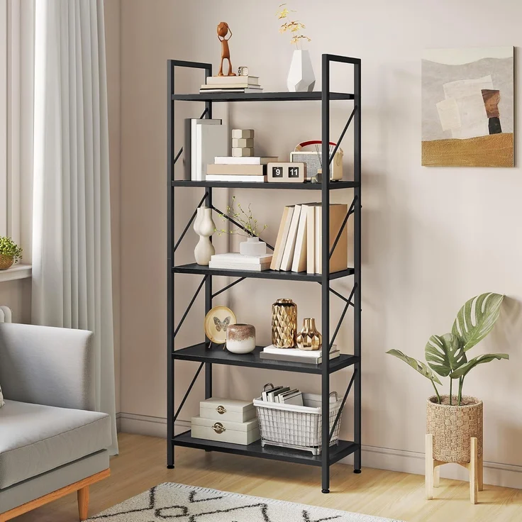 YITAHOME Bücherregal, Standregal mit 5 Ebenen, Hohes Lagerregal mit Metallrahmen, Industrielles Ausstellungsregal, Regaleinheiten, für Wohnzimmer, Schlafzimmer, Homeoffice, Küche, Schwarz Regal – Bild 1