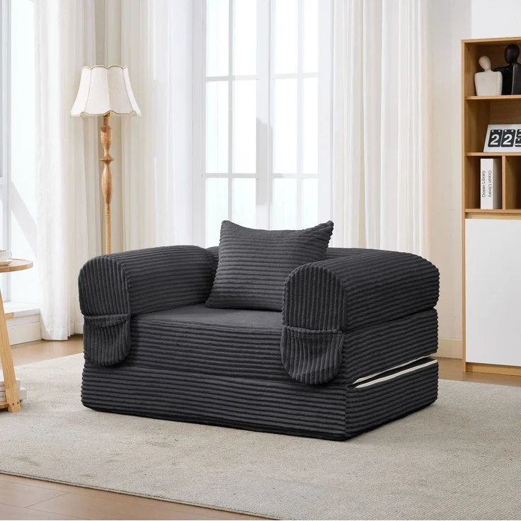 Schlafsessel aus Cord, 2-in-1 Klappfunktion & Kissen, 120x85x65 cm, Grau – Bild 4