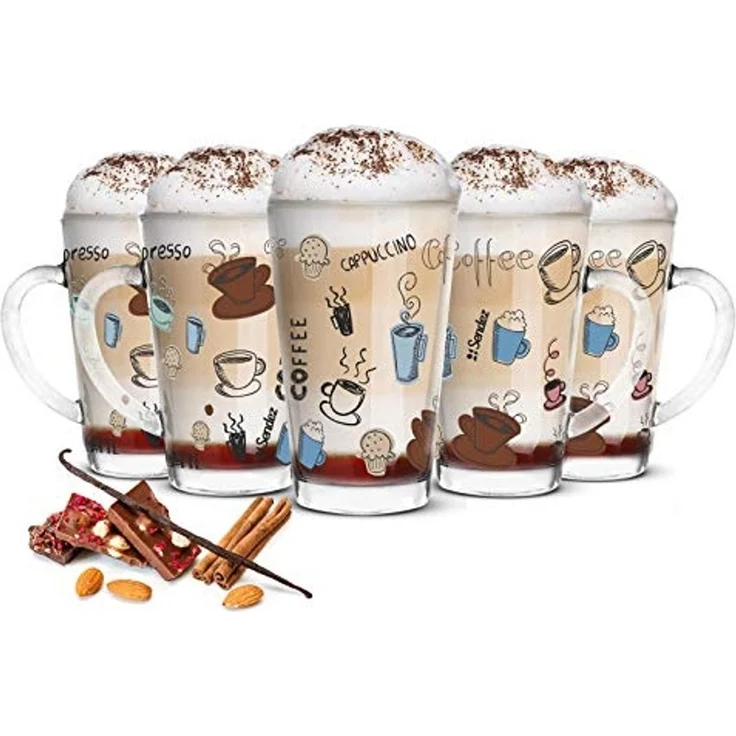 Sendez Latte-Macchiato-Glas 6 Latte Macchiato Gläser 300ml Kaffeegläser mit buntem Kaffee-Aufdruck, 6-tlg, Glas – Bild 4
