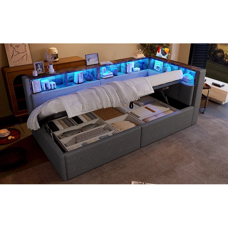 ZUBALIYA Schlafsofa / Tagesbett, mit hydraulische Aufbewahrungsfunktion und mehrfarbiger LED-Streifenbeleuchtung, 90 x 200 cm, Leinen, Grau, fürs Schlafzimmer, mit Stauraum, mit LED, Samt – Bild 22