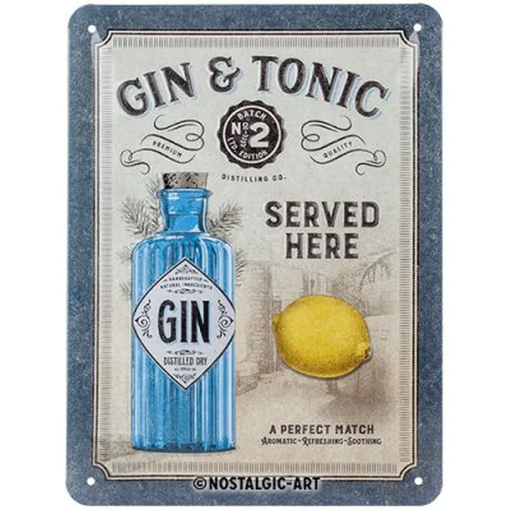Nostalgic Art Blechschild Gin & Tonic Served Here - 15x20cm – Metall – Mehrfarbig – 26266