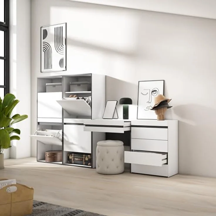 Skraut Home | Schuhregal, Schuhschrank | Schuhaufbewahrung | 247x145x35 cm | Für Schlafzimmer, Zimmer | Kommode mit Schubladen | Schminktisch | Moderner Stil | Weiß – Bild 4