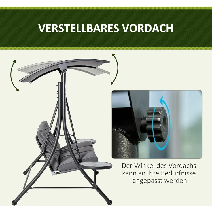 Outsunny Hollywoodschaukel mit verstellbarem Sonnendach, 3-Sitzer, Verstellbares Dach, Gartenschaukel, 1 tlg, Schaukelbank, für Garten, Balkon, Grau – Bild 4