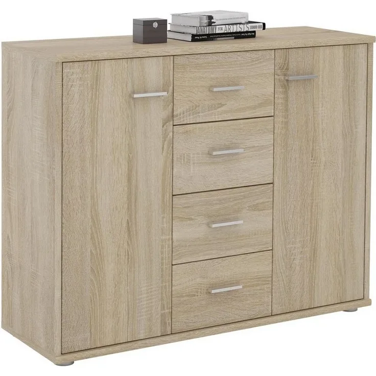 CARO-Möbel Sideboard Jamie Kommode Büromöbel mit 2 Türen und 4 Schubladen in Sonoma Eiche