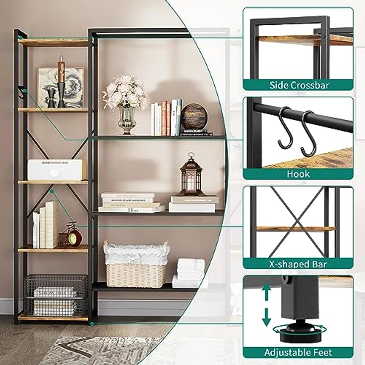 YITAHOME Industrie Bücherregal, Standregal mit 13 Regalböden, Holzregale und Regaleinheit mit Metallrahmen, Bücherständer und Lagerregal, für Wohnzimmer, Heimbüro, Vintagebraun – Bild 8